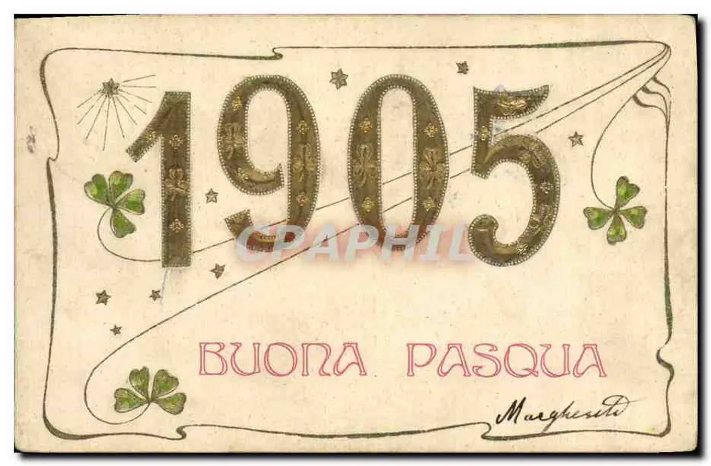 Carta postal de boas-vindas para Páscoa de 1905 — Margherita — editor desconhecido, número de série não visível - Frente