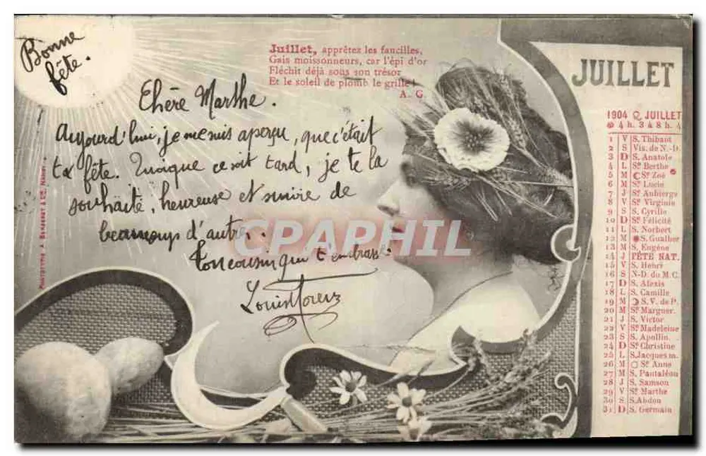 Junge Frau mit Blumen — Kalender Juli 1904 — Éditeur A. Bivert & Cie - Vorderseite