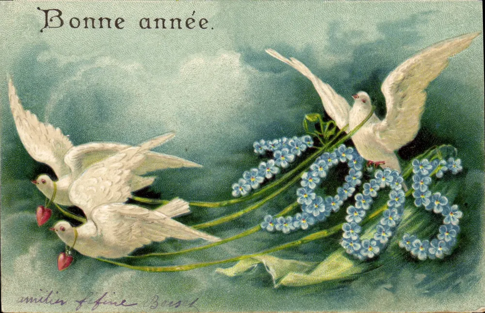 Duas pombas e flores — 1900 — editor Bousset - Frente