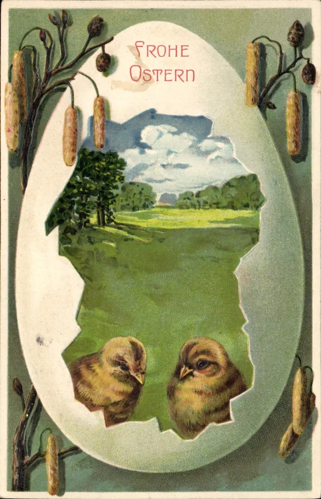 Frühlingslandschaft mit Küken — 'Frohe Ostern' — Unbekannter Verlag - Vorderseite