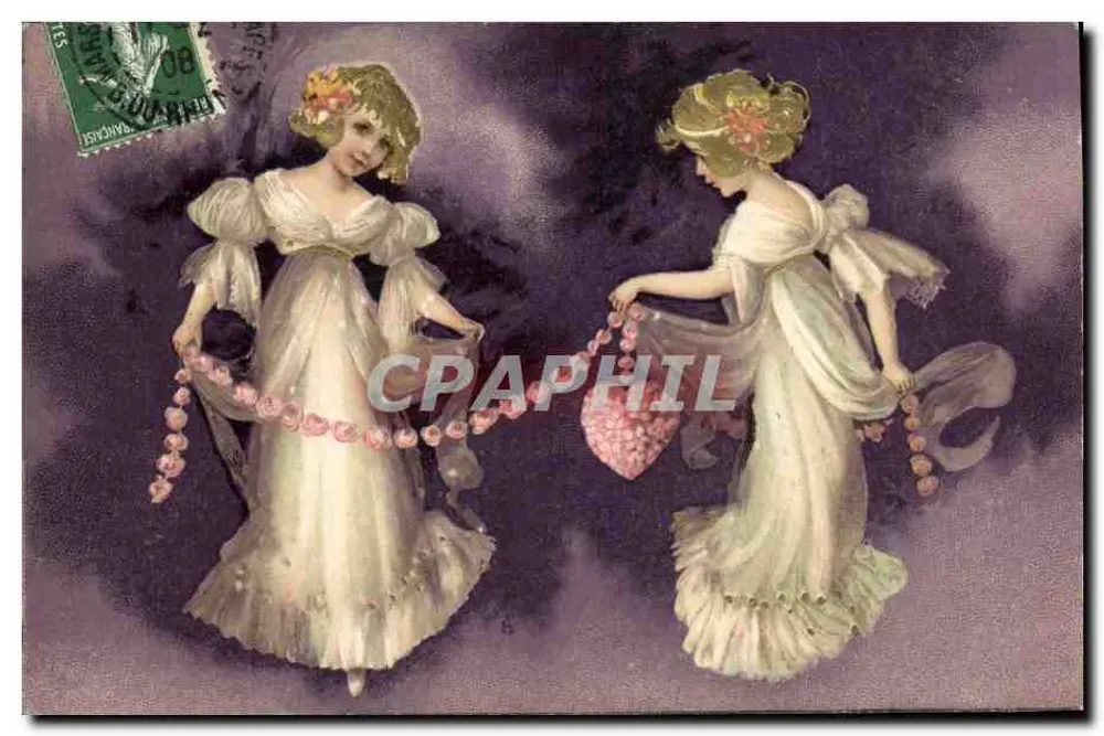 Dos jóvenes mujeres en vestidos ligeros — escena de coronación — editor no visible - Anverso