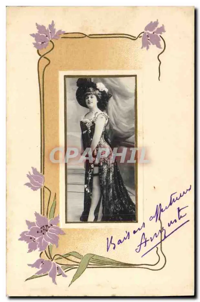 Frau in Bühnenkleid — Ansichtskarte mit violetter Blumenverzierung — Verlag S. 403 - Vorderseite