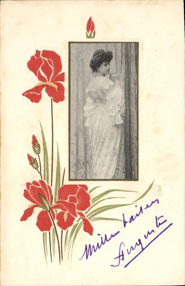 Frau in weißem Kleid — Illustration roter Irisblüten — Verlag S. 403 - Vorderseite