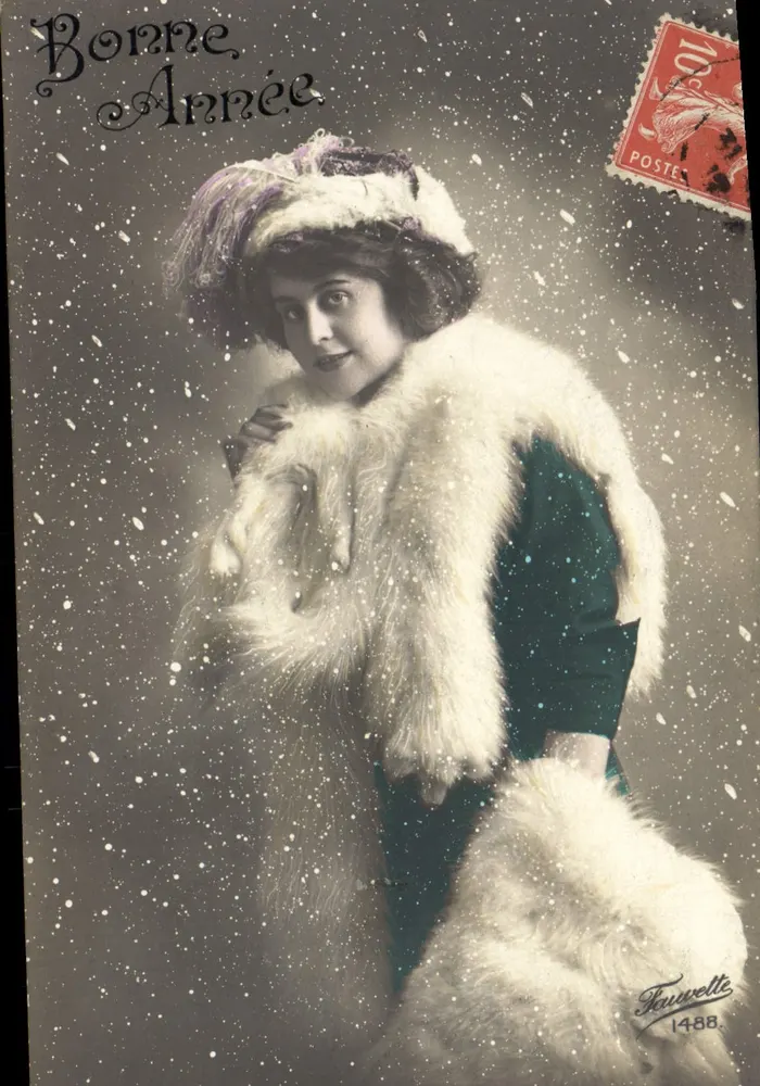 Frau in Pelz in der Schnee — Frohe Weihnachten — Tavuvelle 1488 - Vorderseite