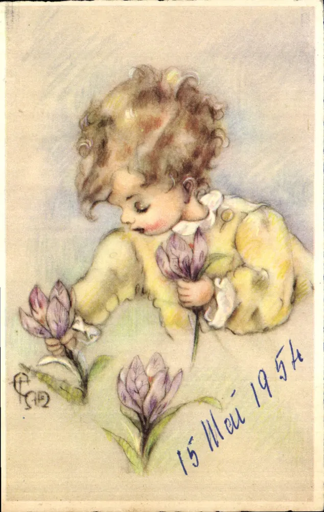 Enfant avec des crocus — dessin signé 'C. 942' — datée 15 Mai 1954 - Recto