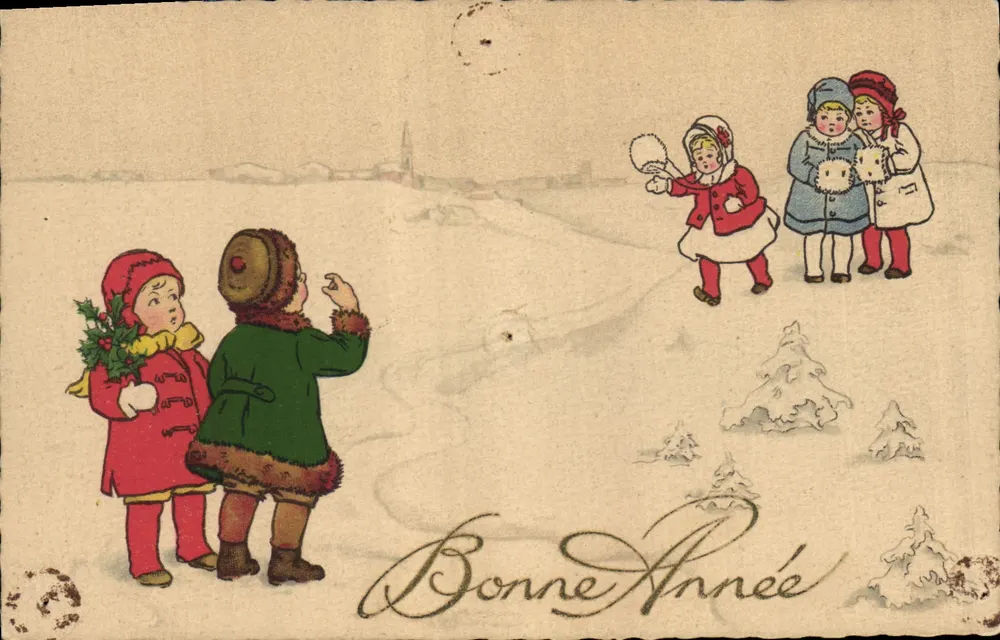Kinder, die im Schnee spielen — Frohes Neues Jahr — Grenoble, 1932 - Vorderseite
