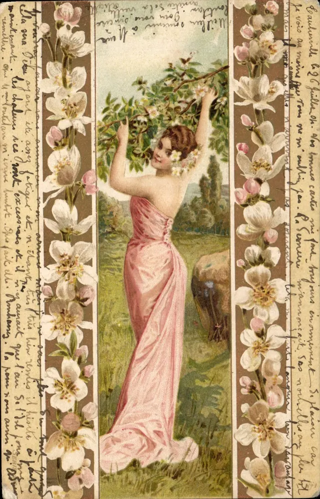 Frau in einem rosa Kleid unter einem blühenden Kirschbaum — unbekannter Verlag, Seriennummer nicht sichtbar - Vorderseite