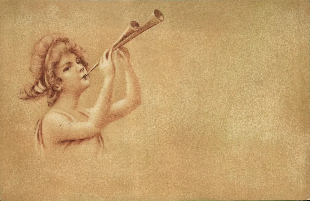 Junge Frau, die ein Blasinstrument spielt — unbekannter Verlag, Seriennummer nicht sichtbar - Vorderseite