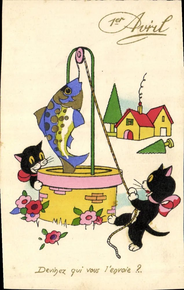 Zwei Katzen fischen nach einem Fisch — 1. April — M. D. Paris, Nr. 410 - Vorderseite
