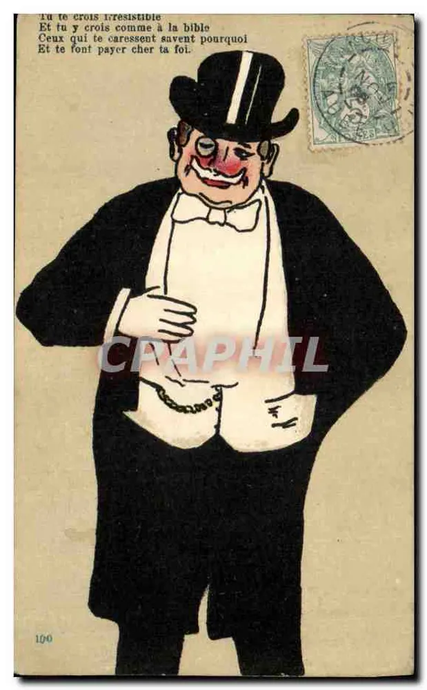Mann im Smoking und Zylinder — satirische Karikatur — n° 100 - Vorderseite
