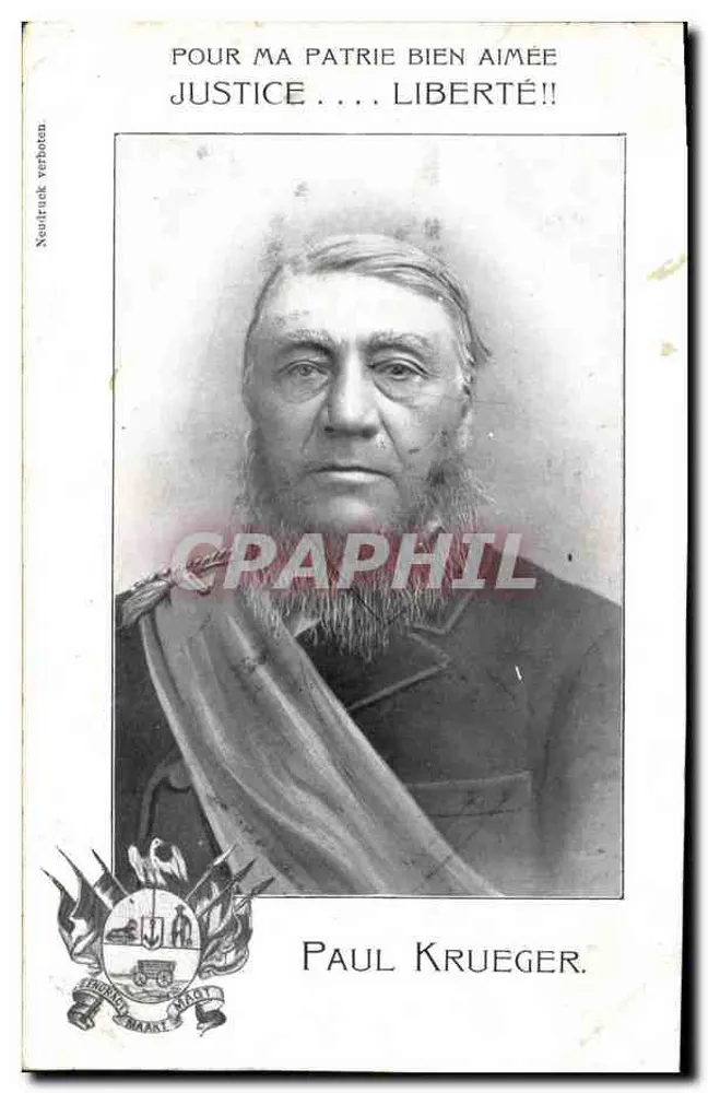Paul Kruger — portrait en uniforme avec écharpe — éditeur : 'SCHÖNEN MAART, MELBOURNE' - Frente