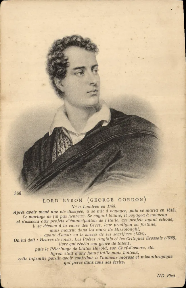 Lord Byron (George Gordon) — portrait gravé — ND Phot, n° 366 - Awers