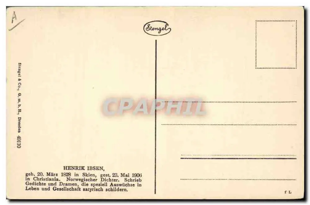 Henrik Ibsen — retrato gravado — Stengel & Co., Dresden 40/110 - Verso