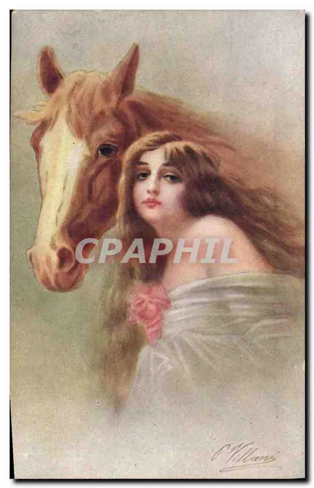 Jovem mulher e cavalo — ilustração artística — S. Hillmann, editor T.A.M. n° S. 7009-3 - Frente