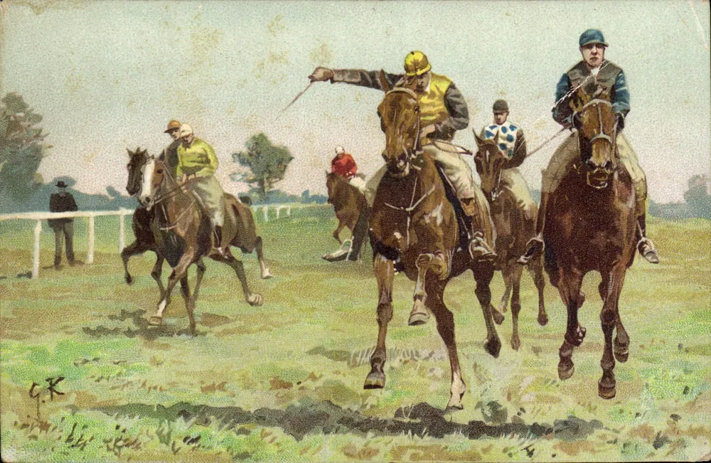 Course de chevaux — scène de course avec jockeys en action — éditeur G. R. (signature visible en bas à gauche) - Frente