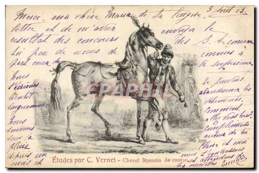 Reitender römischer Pferd — Studien von C. Vernet — Postkarte Paris - Vorderseite