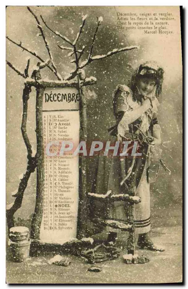 Vrouw in winterkleding bij een decemberkalender — anonieme uitgever, serie-nummer niet zichtbaar - Voorkant