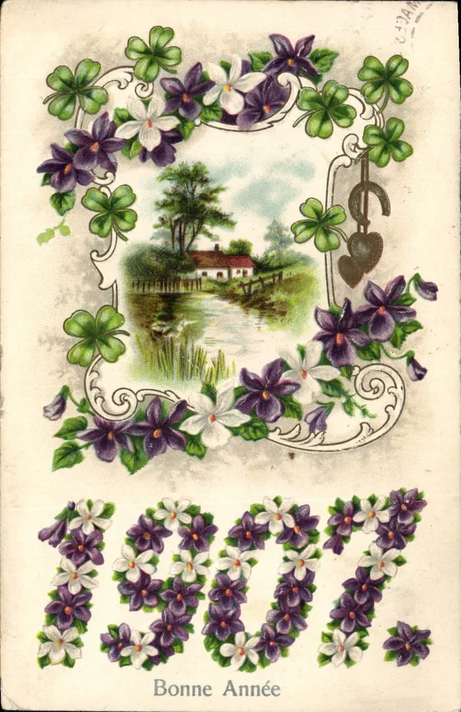 Guten Jahresbeginn 1907 — Dekoration aus Violets und Klee — S. A. B. Paris - Vorderseite