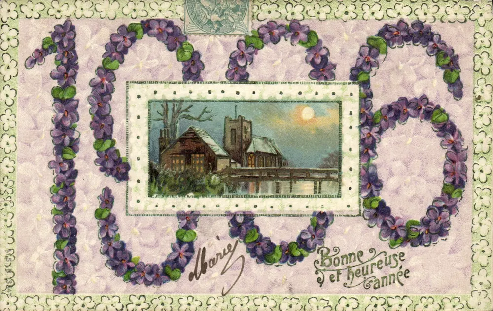 Violetas e casa à beira da água — Boa e feliz ano — editor não visível, número de série não visível - Frente