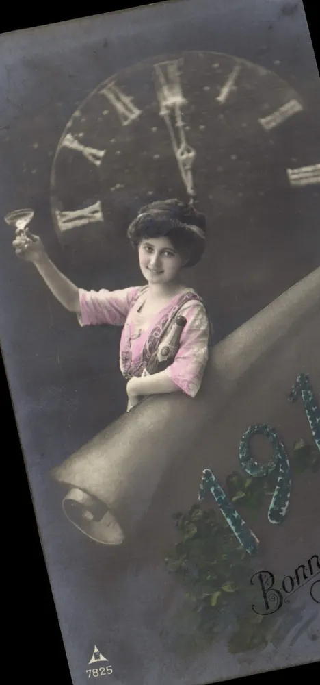 Glückwunsch zum Jahr 1911 — junge Frau mit Sektglas vor einer Uhr — anonymer Verlag, Nr. 7825 - Vorderseite