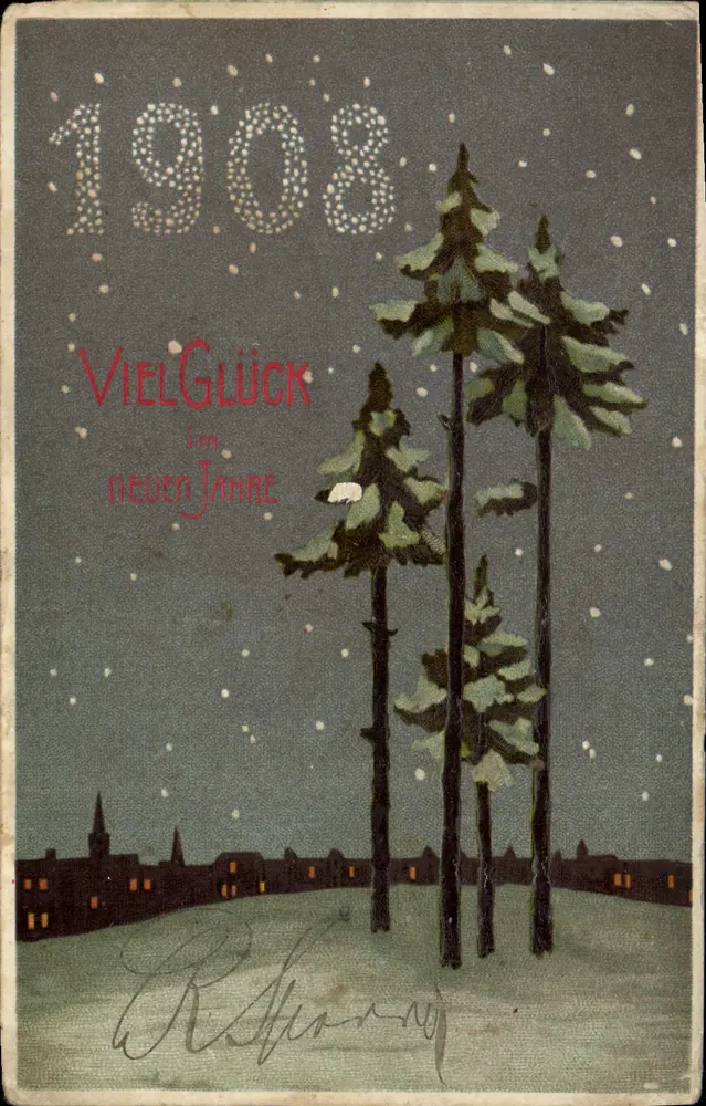 Scène hivernale — nuit de neige avec sapins et village — éditeur 'Weiltpostverein' et n°3737 - Frente