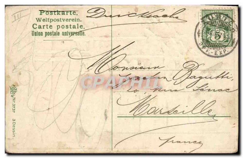 Scène hivernale — nuit de neige avec sapins et village — éditeur 'Weiltpostverein' et n°3737 - Verso