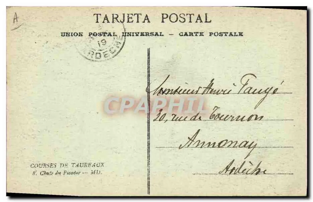 Stierkampf — 8. Sturz eines Picadors — Marcel Delbory, phototypie, Bordeaux - Rückseite
