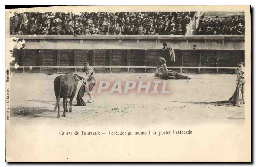 Stierkampf — Torero im Moment der Estocade — Phototypie E. Lacour — Marseille - Vorderseite