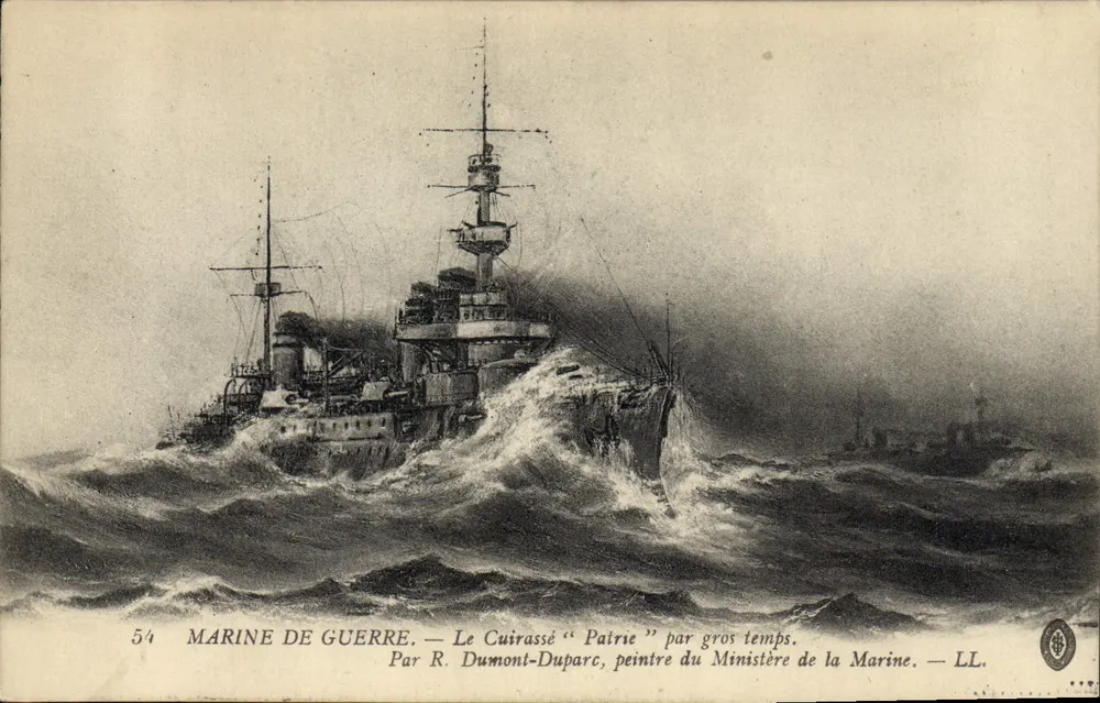 Kriegsschiff — Der Panzerkreuzer "Patrice" in stürmischen Gewässern — Von R. Dumont-Duparc, Maler des Ministeriums für Marine — LL. - Vorderseite