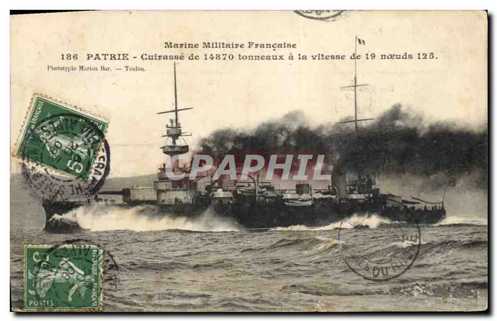 Cruzador da Marinha Francesa — 186 Patrie — Fototipia Marius Bar, Toulon - Frente
