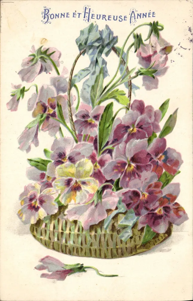 Arranjo de violetas — Boa e Feliz Ano — editor não visível - Frente