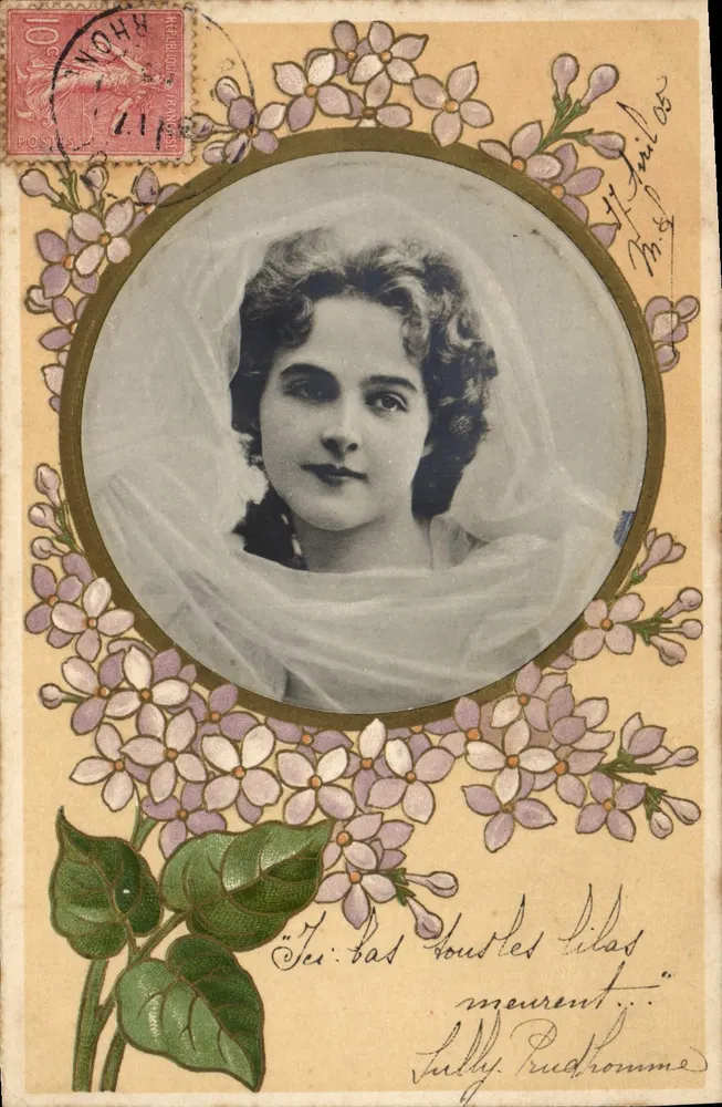 Junge Frau im Schleier — Dekorative Karte mit Lilien — Verlag S. 448 - Vorderseite