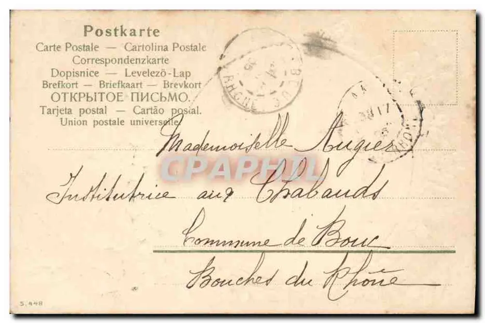 Junge Frau im Schleier — Dekorative Karte mit Lilien — Verlag S. 448 - Rückseite