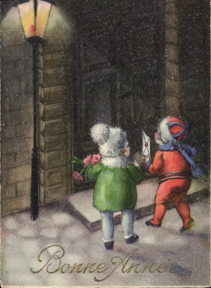 Dos niños bajo la nieve — Feliz Año — editor no visible - Anverso