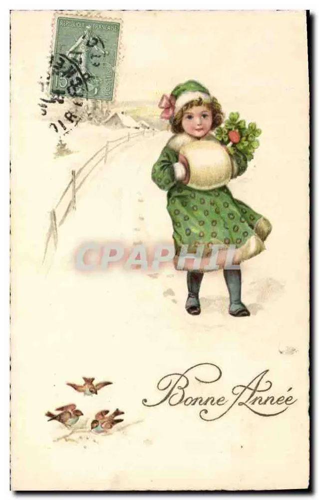 Criança vestindo uma roupa verde segurando uma fruta — editor Ehmag, n° 1921 - Frente