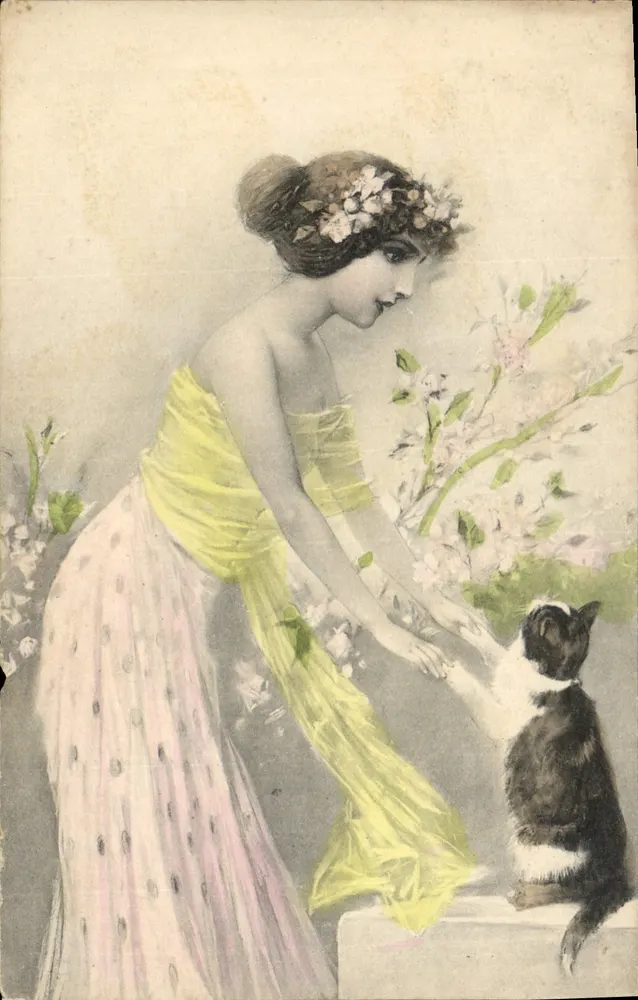 Frau in einem gelben und rosa Kleid mit einer Katze — Raphaël Tuck & Fils, Serie 620 - Vorderseite