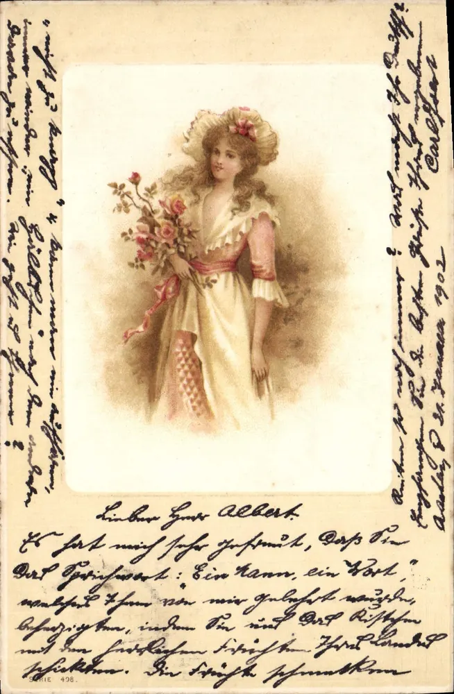 Junge Frau in leichtem Kleid mit Blumenbouquet — Serie 498 — Verlag Levelezó-Lap - Vorderseite
