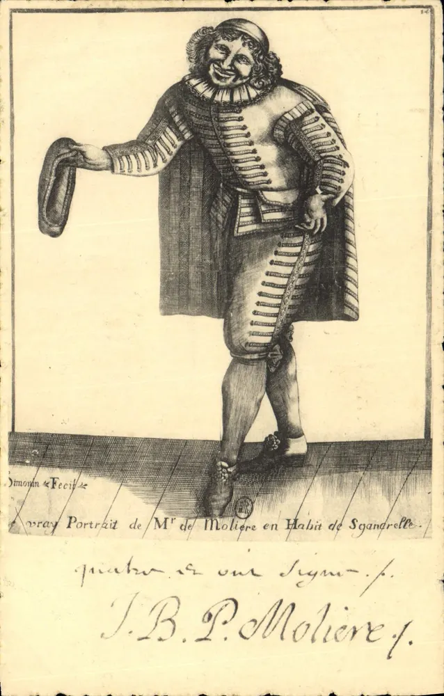Molière em traje de Sganarelle — gravura assinada por J.B.P. Molière — editada por CARTE POSTALE - Frente