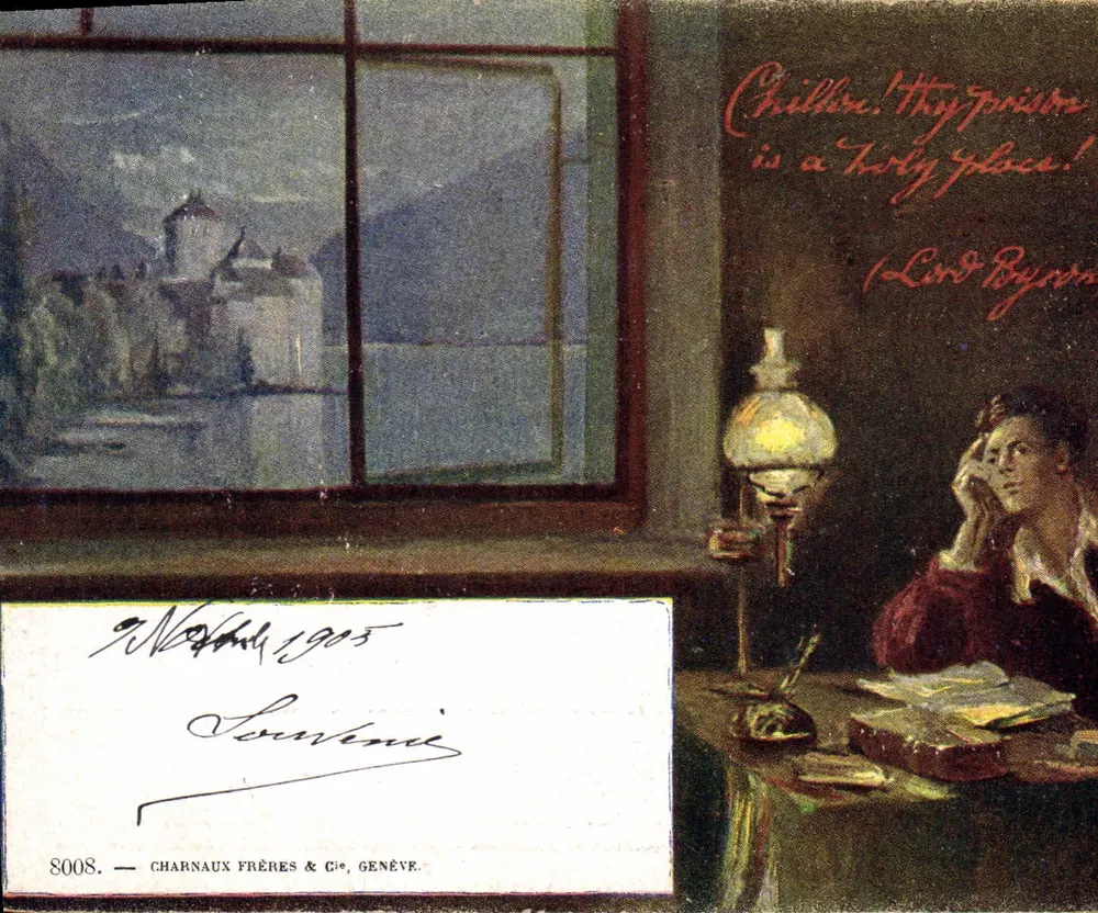Vue de Chillon — château au bord du lac — éditeur CHARNAUX FRÈRES & Cie, GENÈVE, n° 8008 - Frente