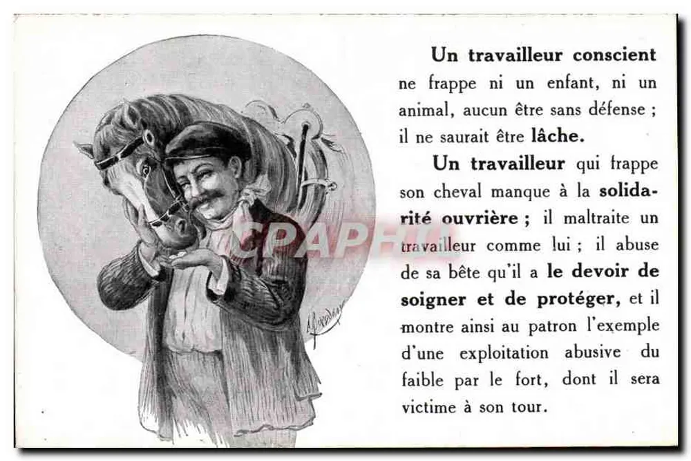 Um trabalhador consciente — caricatura de um homem acariciando um cavalo — editor Machard & Longis - Frente
