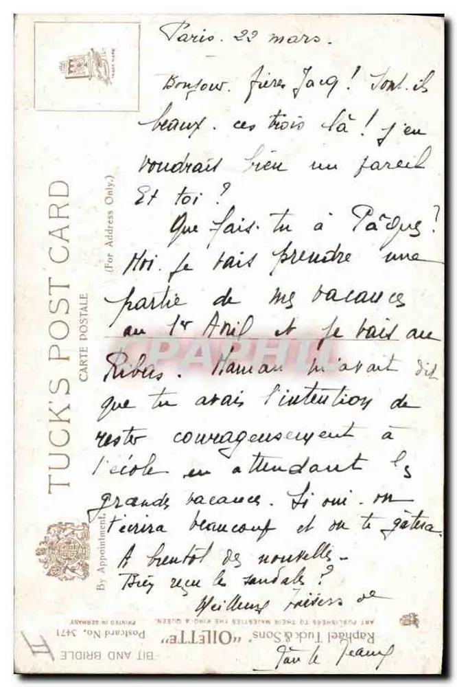 Três cavalos — pintura — Tuck's Post Card, n° 3471 - Verso