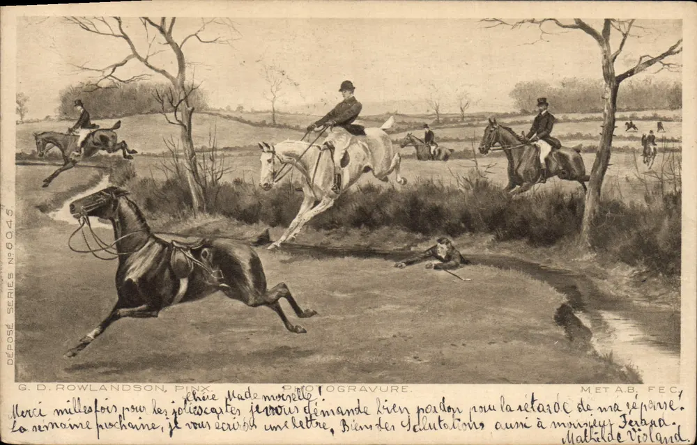 Caça a cavalo — Sujeto de carta postal — G. D. Rowlandson, Pink, Fotogravura - Frente