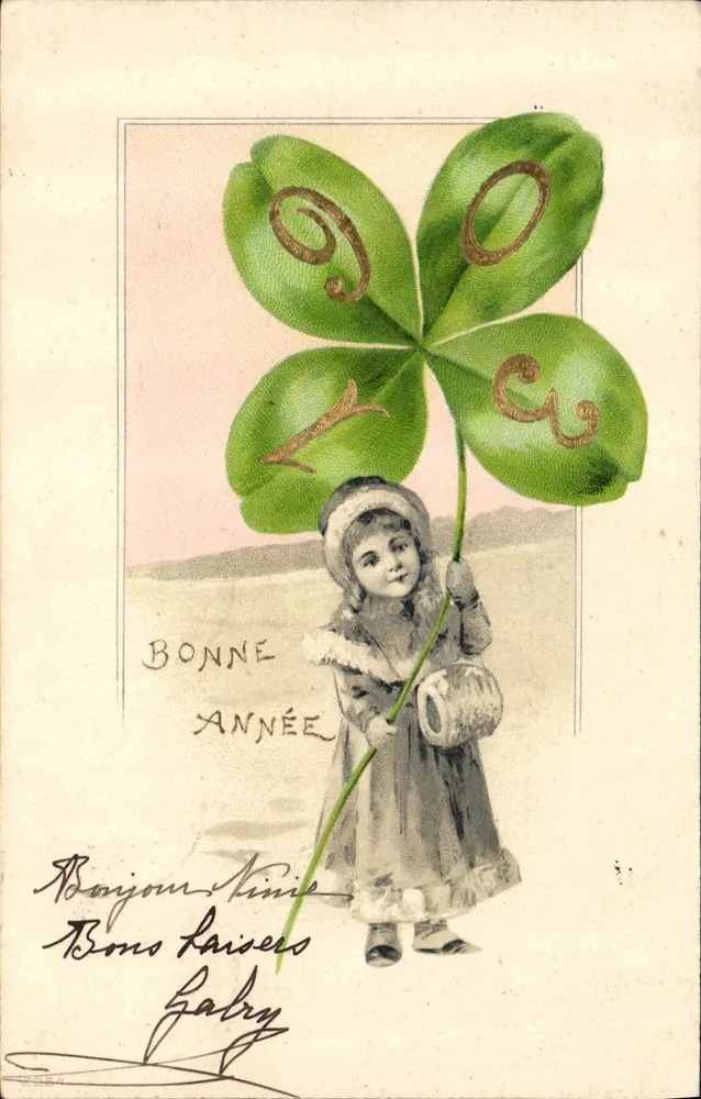 Mädchen mit einem Vierblattkleeblatt — Frohe Neujahr — Verlag unbekannt - Vorderseite