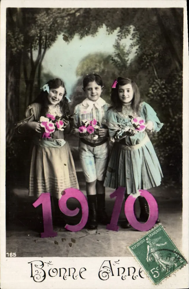 Kinder mit Blumenstrauß — Frohes Neues Jahr 1910 — unbekannter Verleger, Nr. 165 - Vorderseite