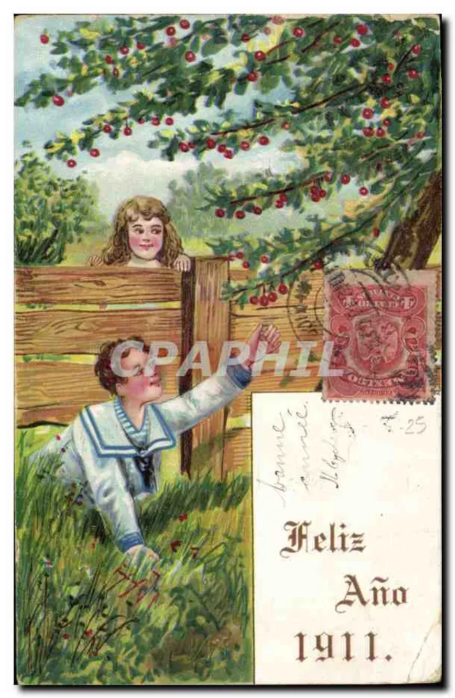 Kinder, die unter einem Kirschbaum spielen — anonymer Verleger, Seriennummer nicht sichtbar - Vorderseite