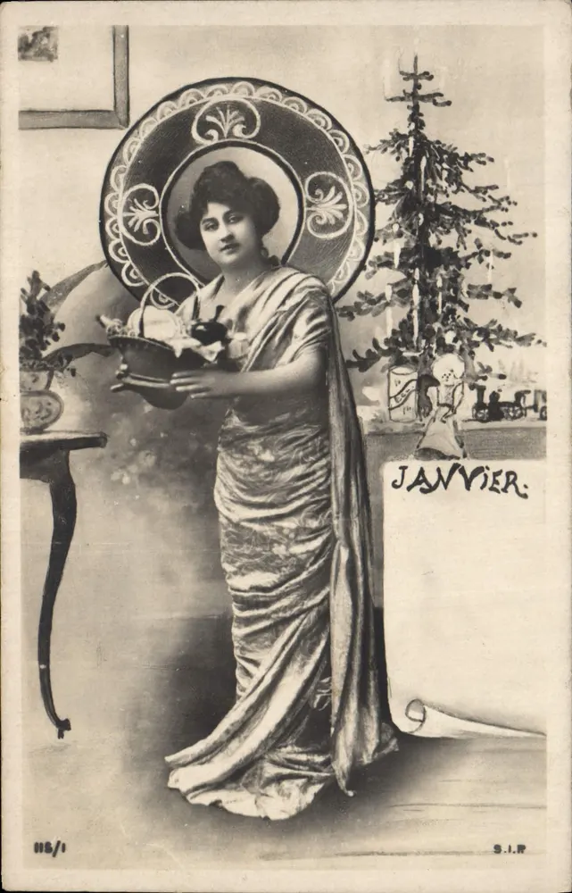 Frau in drapiertem Kleid mit Korb — Januar — S.I.R. Nr. 118/1 - Vorderseite