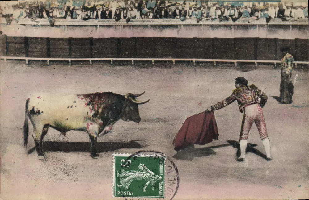 Touro ferido — toureiro com capa — Editor não visível - Frente