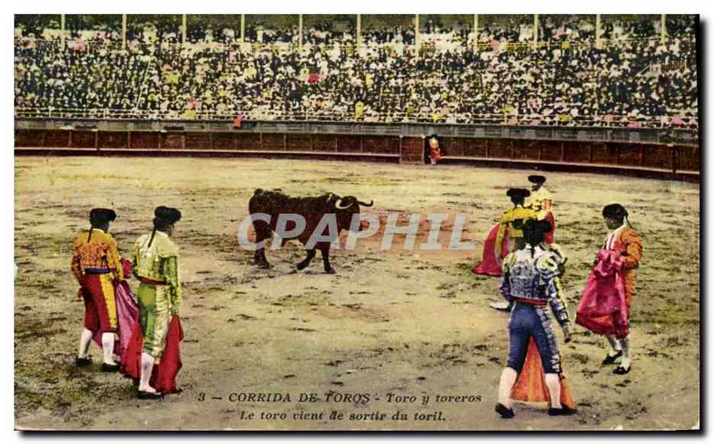 Corrida di tori — Toro e toreri — editore non visibile, n. di serie 3 - Recto
