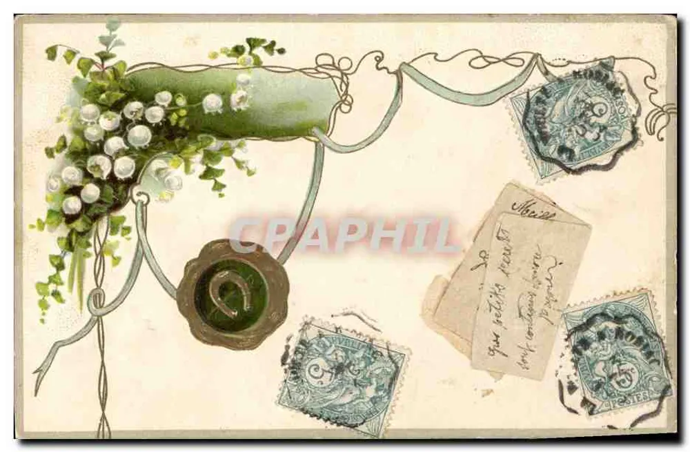 Carta postal decorativa — motivos florais e selos — editor não visível - Frente
