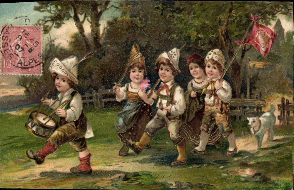 Kinder in Volkskleidung — Prozession im Park — Verlag Brillant, Nr. 6943 - Vorderseite